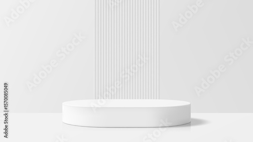 White 3d rendering product podium mockup on a minimal studio background with vertical striped wall design. Abstract display stand.