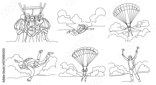 Skydiving illustrations featuring parachutists in various poses  