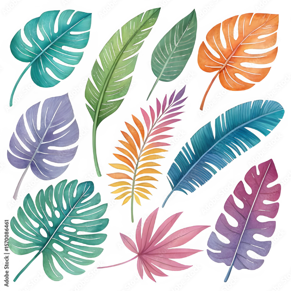 Obraz premium Twelve decorative tropical leaves, each hand-painted in a colorful, blended style with bold hues of green, blue, orange, pink, and purple. The leaves are all different in shape and species, resembling