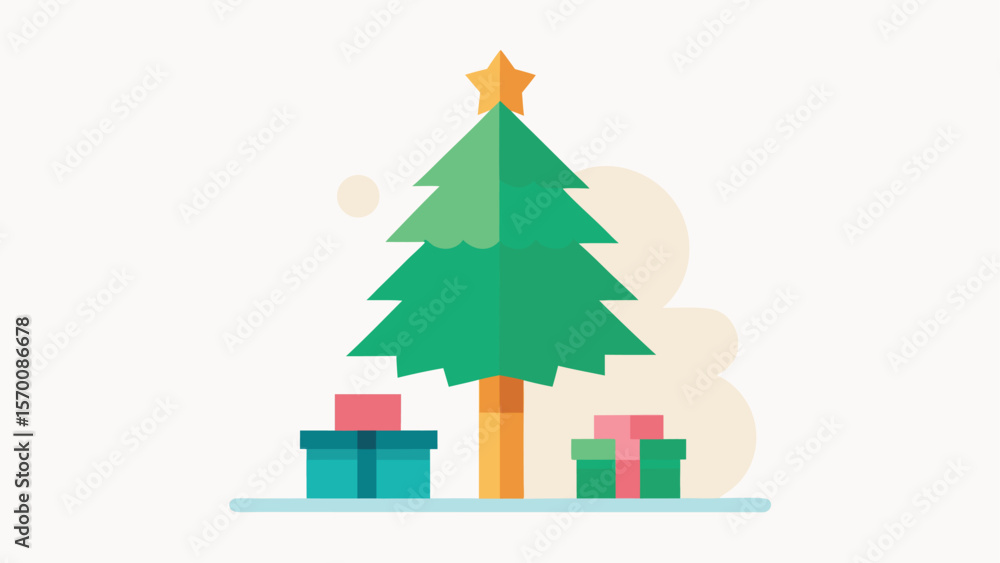 Fototapeta premium Illustrated Watercolor Christmas Tree Gifts Festive Holiday Scene