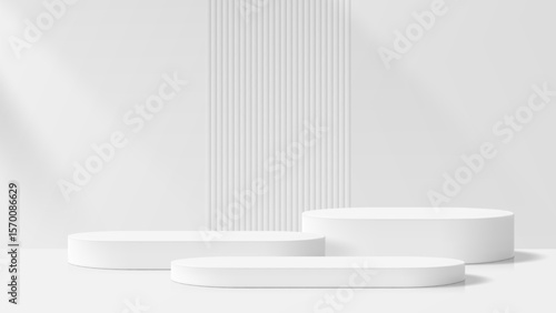 White product display podium set with vertical paneled background and subtle shadow for advertisement. Stage showcase.