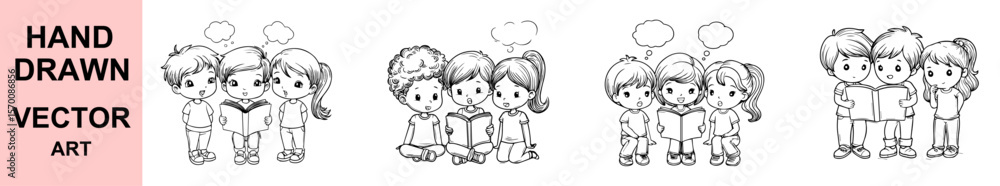 Charming hand drawn vector illustration of children reading book together, educational scene with cartoon kids, ideal for school, teaching, and learning concepts. Charming hand drawn vector illustration of children reading book together, educational scene with cartoon kids, ideal for school, teaching, and learning concepts.