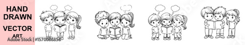 Charming hand drawn vector illustration of children reading book together, educational scene with cartoon kids, ideal for school, teaching, and learning concepts.