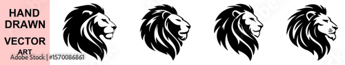 Hand drawn vector illustration of powerful lion head in profile view, detailed black ink line art for logo, tattoo, emblem, branding, or sports designs.