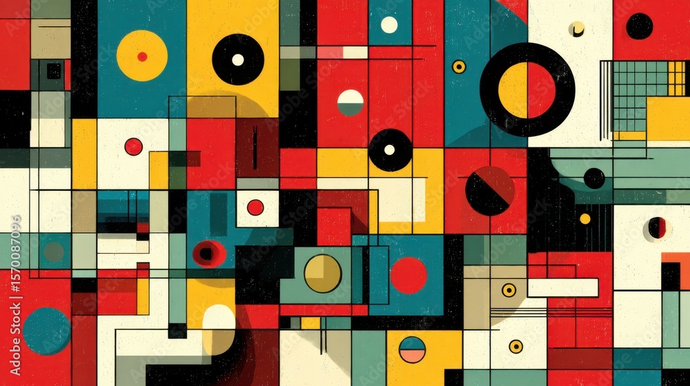 A vibrant composition of geometric shapes and colors showcases a dynamic interplay of circles, squares, and lines. The artwork emphasizes bold contrasts and modern artistic expression. A vibrant composition of geometric shapes and colors showcases a dynamic interplay of circles, squares, and lines. The artwork emphasizes bold contrasts and modern artistic expression.