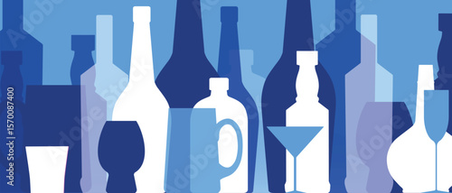 Wine bar poster, alcohol bottles and glasses collection, flat design. For wine list design, flyer, sommelier, restaurant menu, kitchen decor, drink party, red wine, merlot, chardonnay