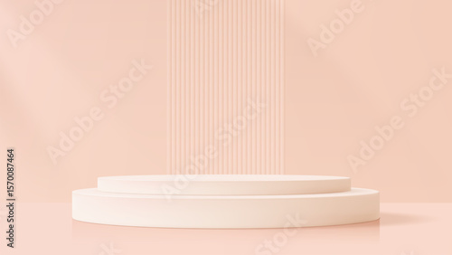Pink podium with two round tiers. Empty product display stage for mockup. Ideal for beauty, cosmetic product presentation and advertising.