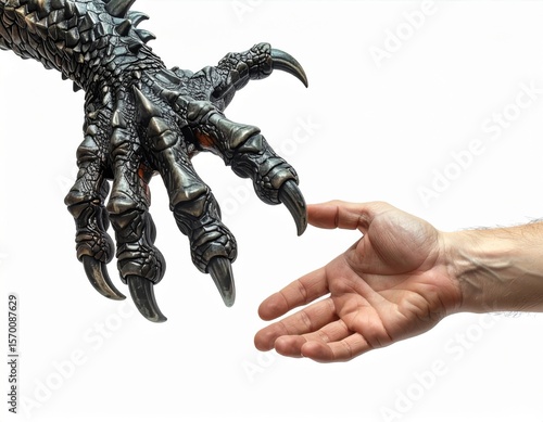 Human Hand Reaching a Dragon Claw on White Background
