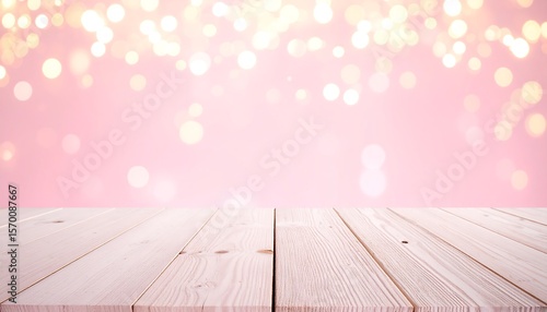 Pastel pink bokeh over light wood