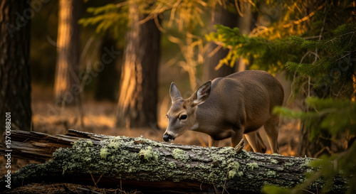 Alert Doe Pauses on a Mossy Log in Warm Light of Woodland Forest