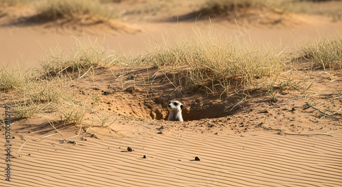 Alert Meerkat Emerges From Burrow In Arid Desert Environment On Sunny Day