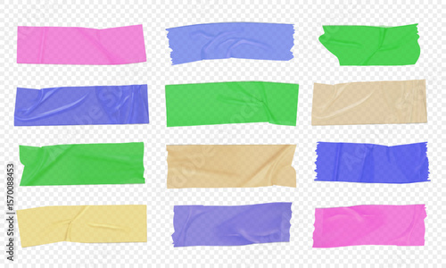 Colorful adhesive tape set vector illustration with realistic wrinkled texture, sticky strips, masking tape pieces for design projects