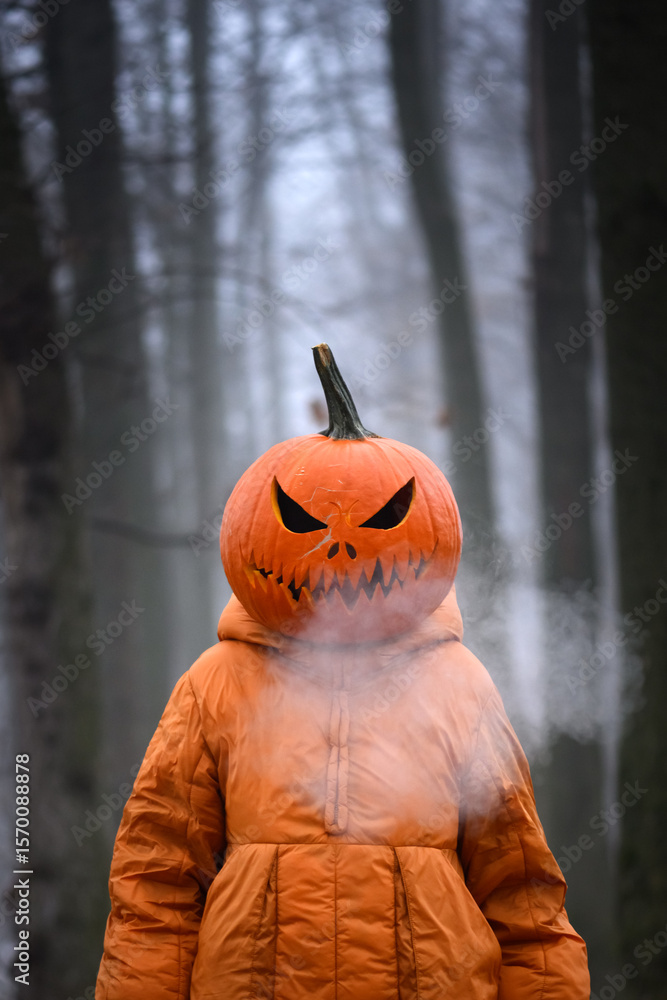 Naklejka premium Portrait of a Halloween girl in orange jacket in carved pumpkin head and with steam coming out of her mouth in the misty autumn forest. Fall holiday concept