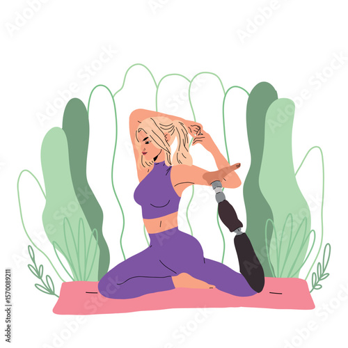 A young girl with a prosthetic leg practicing yoga in the park. The twisting pose promotes flexibility and relaxation. Vector graphics on white background