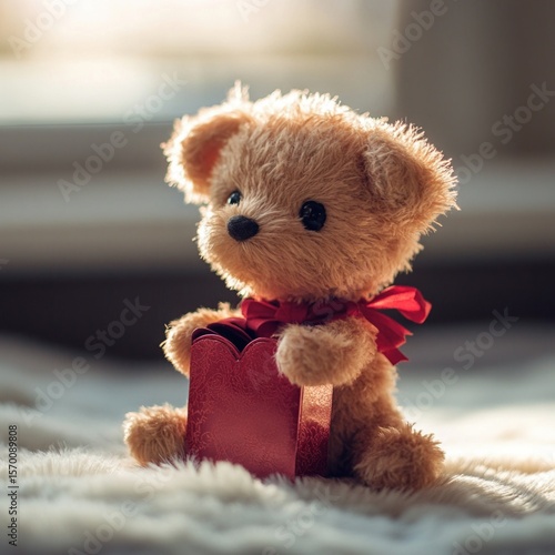 Fluffy teddy bear with a red gift box. Perfect holiday surprise.
