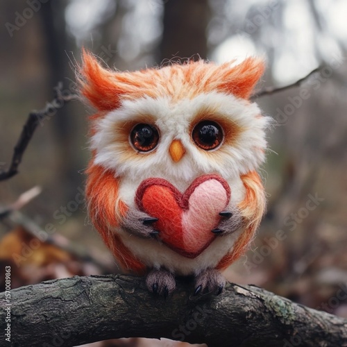Fluffy orange owl holding a red heart. Magic forest character.