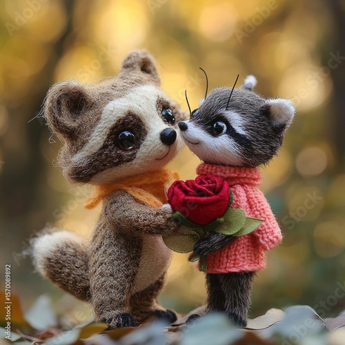 Forest raccoons character in sweaters. Illustration of autumn story.