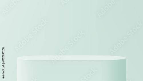Empty light green round pedestal. Clean minimalist product display stand for cosmetic presentations or studio backdrops.