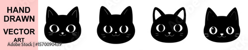 Cute Black Cat Faces Vector Illustration for Kids and Graphic Design Projects in Hand Drawn Style
