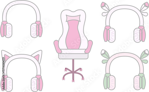 Gamer girl chair and headset set, 4 styles. Pink and green set 