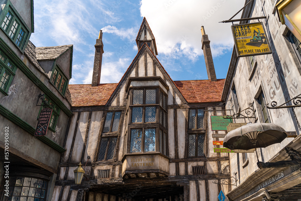 Fototapeta premium Orlando, FL, USA - June 25, 2025: Diagon Alley at The Wizarding World of Harry Potter, Universal Studios Orlando