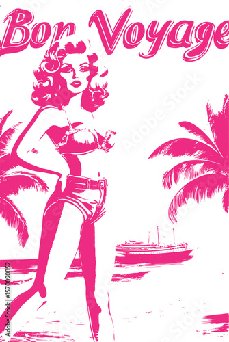 bon voyage and beautiful woman on beach silhouette vector