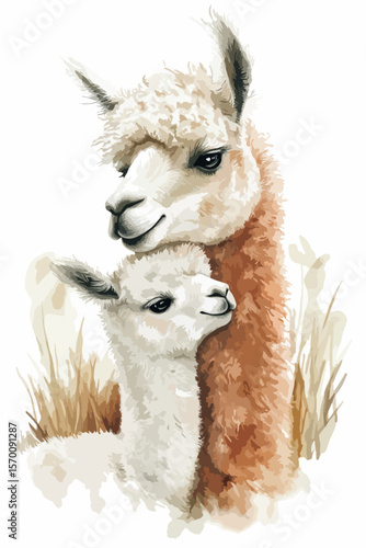 watercolour drawn alpaca mom and her child. greeting card illustration