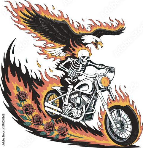 Skeleton biker riding flaming motorcycle with eagle and roses graphic illustration vector