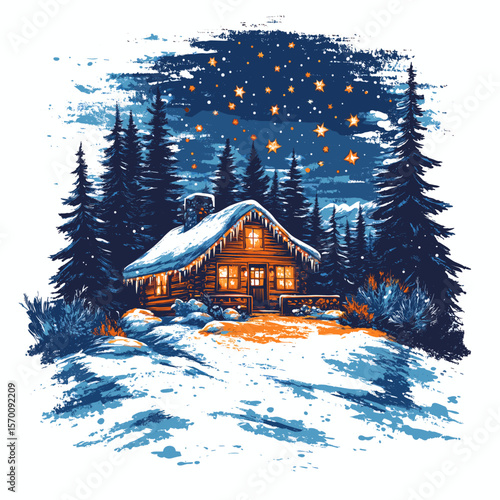 Cozy winter cabin covered in snow
