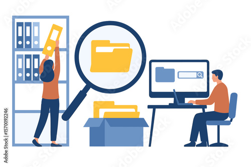 Individuals are retrieving documents from shelves, utilizing a magnifying glass, and scouring files within an electronic database, as depicted in a vector illustration representing archive and