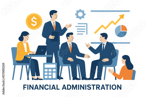 Vector illustrations are available for various business needs, including finance, covers, banners, posters, and brochures, focusing on financial administration concepts