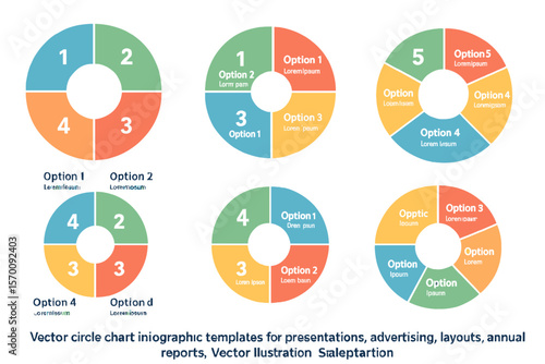 Infographic templates featuring vector circle charts are available for various uses, including presentations, advertising, layouts, and annual reports, with 5 distinct options or segments