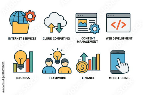 Vector illustrations for internet services, cloud computing, content management, web development, business, video streaming, teamwork, finance, and mobile using are included in the flat design