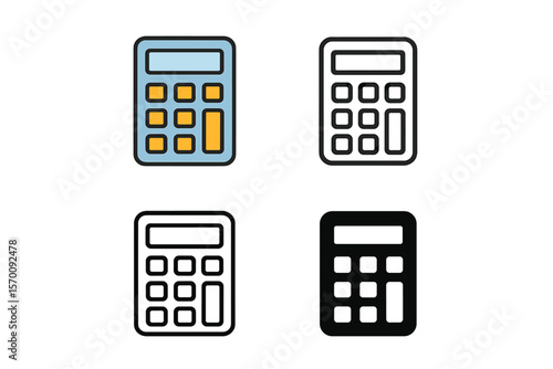 A small calculator icon is available in filled, thin line, outline, and stroke styles, as a vector illustration