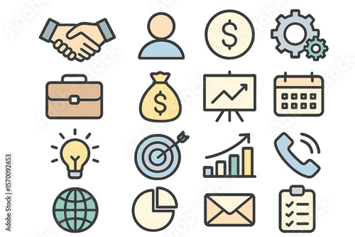 This collection of business vector line icons includes a variety of symbols such as a handshake, a user, dollar signs, gears, a briefcase, a money bag, a schedule, and many more, all with editable