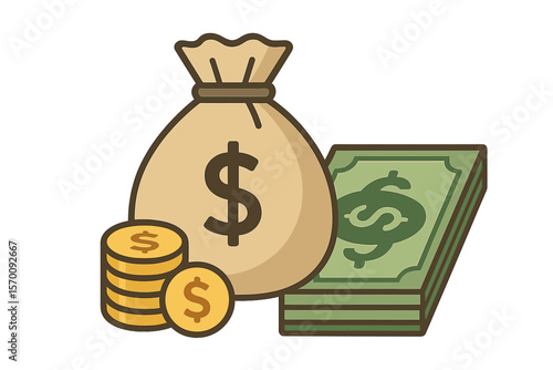 A flat vector illustration features a money bag, dollar coins, and banknotes