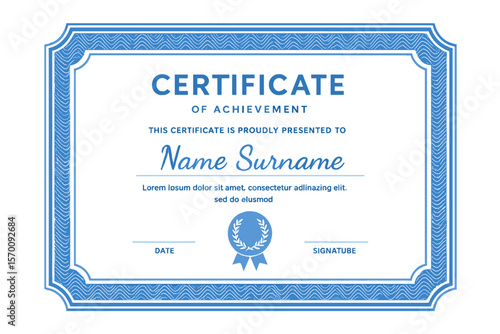 A contemporary blue certificate template and border is available for awards, diplomas, and printing purposes