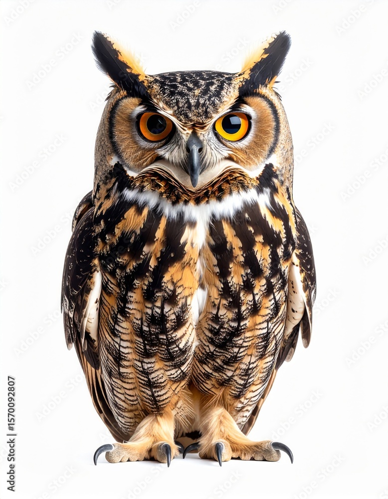 Brown And Black Owl Portrait Against White Background