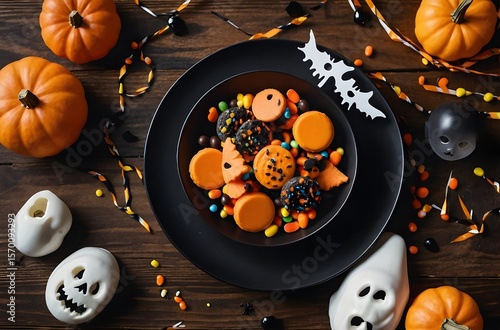 Flat lay of Halloween party supplies on wooden table — plates, confetti, candies.