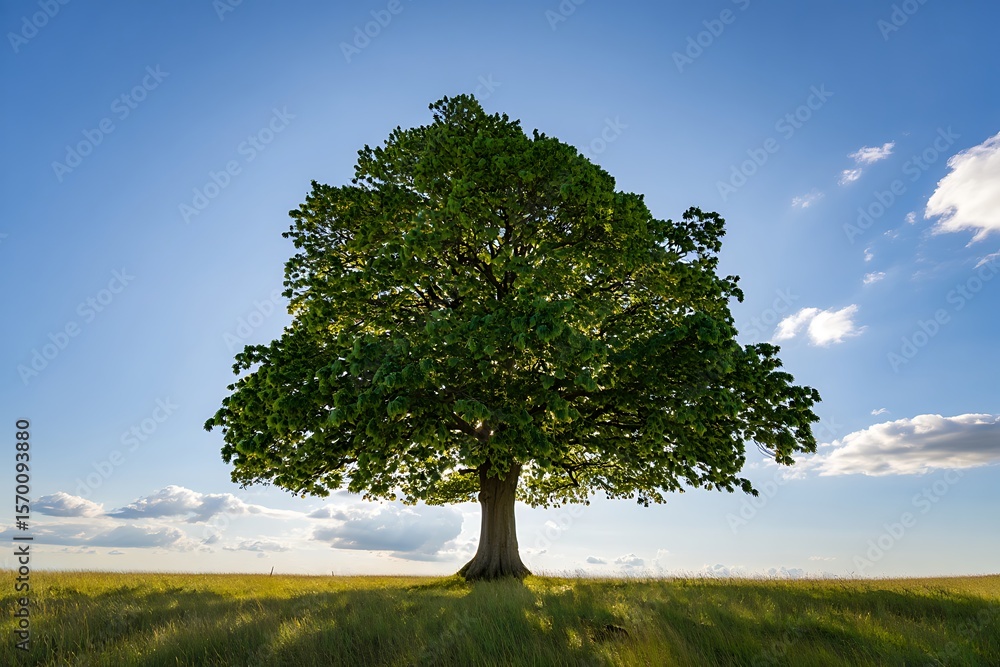 Obraz premium A solitary tree stands tall in a grassy field under a bright blue sky with scattered clouds.