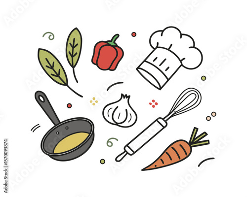 Cute Cartoon Cooking Ingredients and Utensils Illustration