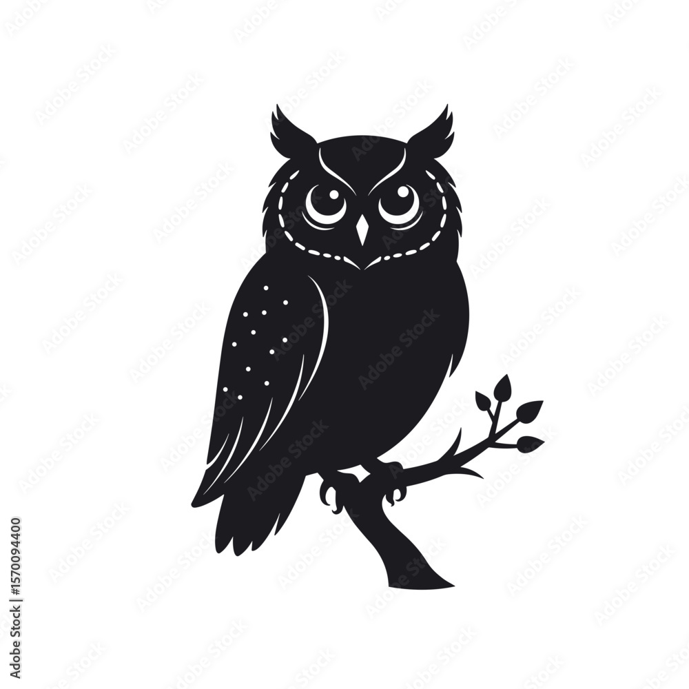 Stylized black owl sitting on a branch against a white background for decorative design
Stylized black owl sitting on a branch against a white background for decorative design