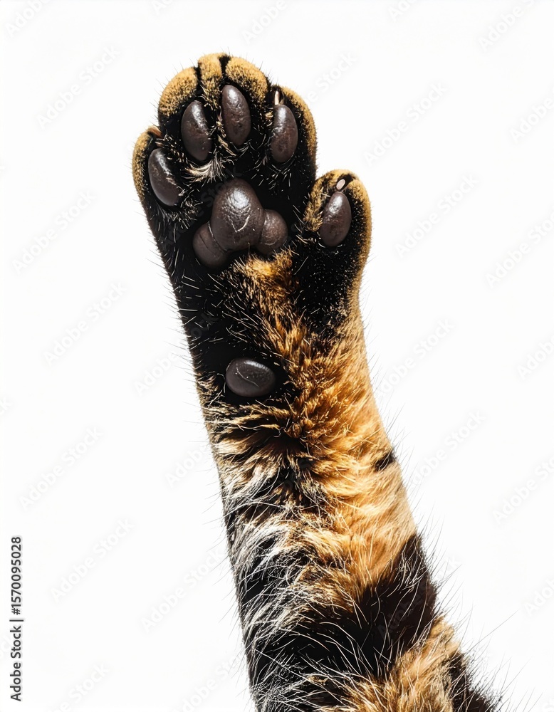Obraz premium Closeup of a Brown Tabby Cat Paw Against White Background