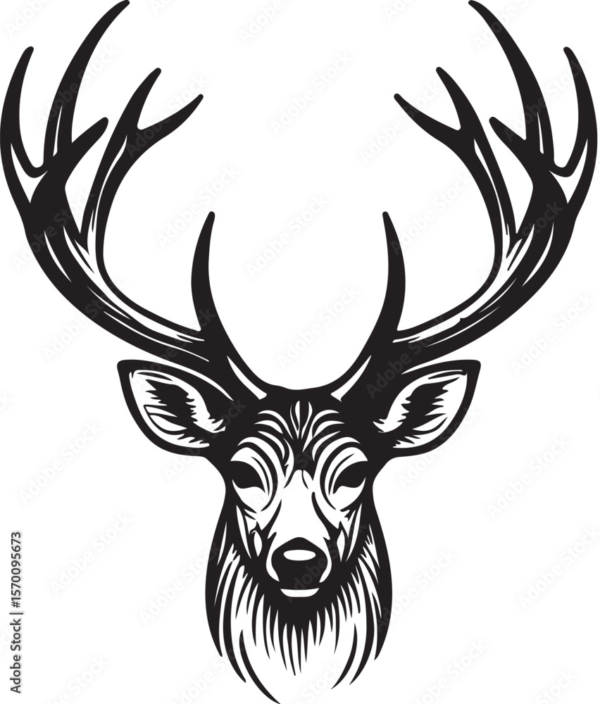 Naklejka premium Deer Head Silhouette Vector Illustration with Antlers in Wildlife Style