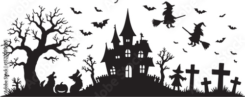Spooky Forest Silhouettes with Trees Animals and Haunted Houses at Night