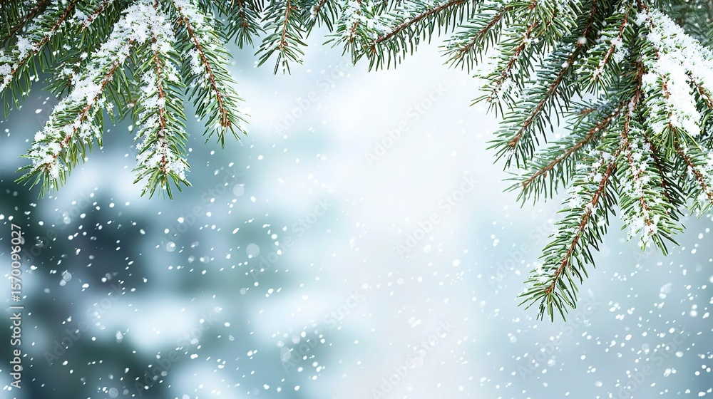 Obraz premium Pine Tree Branches with Green Leaves and Falling Snow, Blurred Background, Banner Format, Natural Winter Macro Photography
