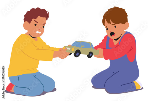 Furious boys cartoon characters fighting for toy pulling car standing isolated on white background