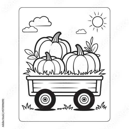 Pumpkin, Scarecrow, and Cornucopia – Cute Fall Coloring Page for Kids, cute seasonal coloring page, autumn harvest coloring, thanksgiving coloring sheet, fall coloring page kids, easy bold line art, 