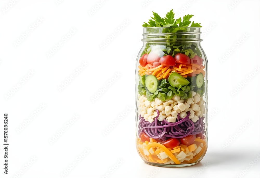 Vertical Cobb salad layered in clear glass jar for meal prep, all ingredients visible in colorful layers, isolated on white background. Vertical Cobb salad layered in clear glass jar for meal prep, all ingredients visible in colorful layers, isolated on white background.