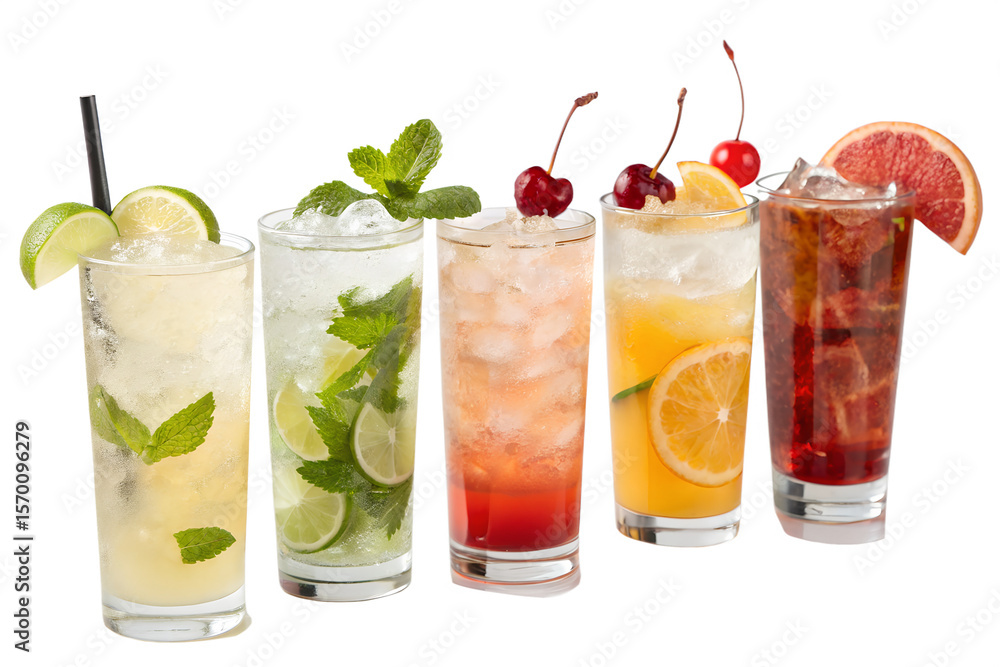 Assortment of refreshing cocktails with fruit and mint isolated on transparent background Assortment of refreshing cocktails with fruit and mint isolated on transparent background